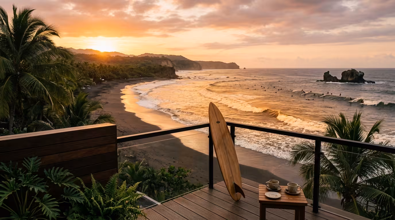 Sugar Daddy y Sugar Baby en El Salvador - costa de La Libertad al atardecer con surf y arena oscura