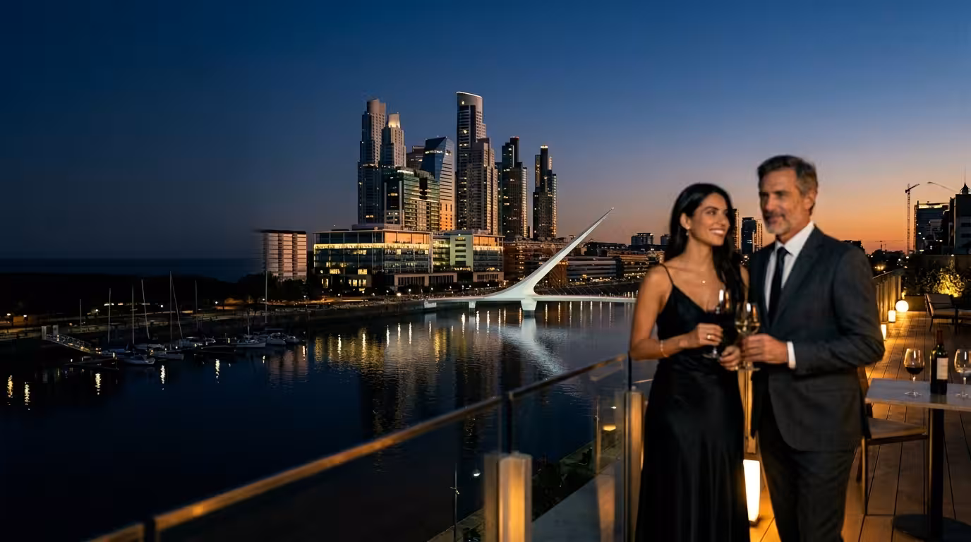 Sugar Daddy y Sugar Baby en Argentina - skyline de Buenos Aires al atardecer