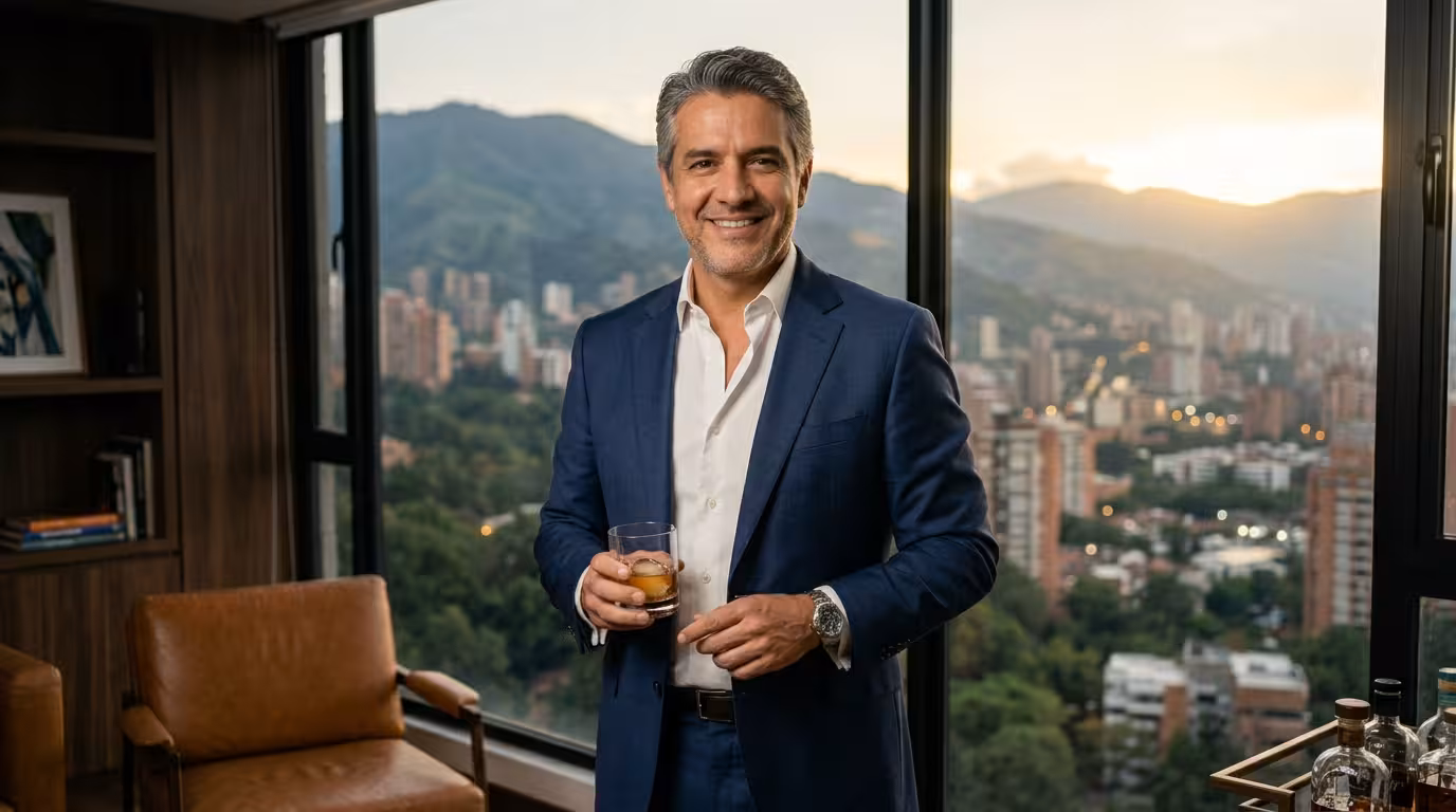 Sugar Daddy colombiano - empresario exitoso en oficina con vista a Medellín
