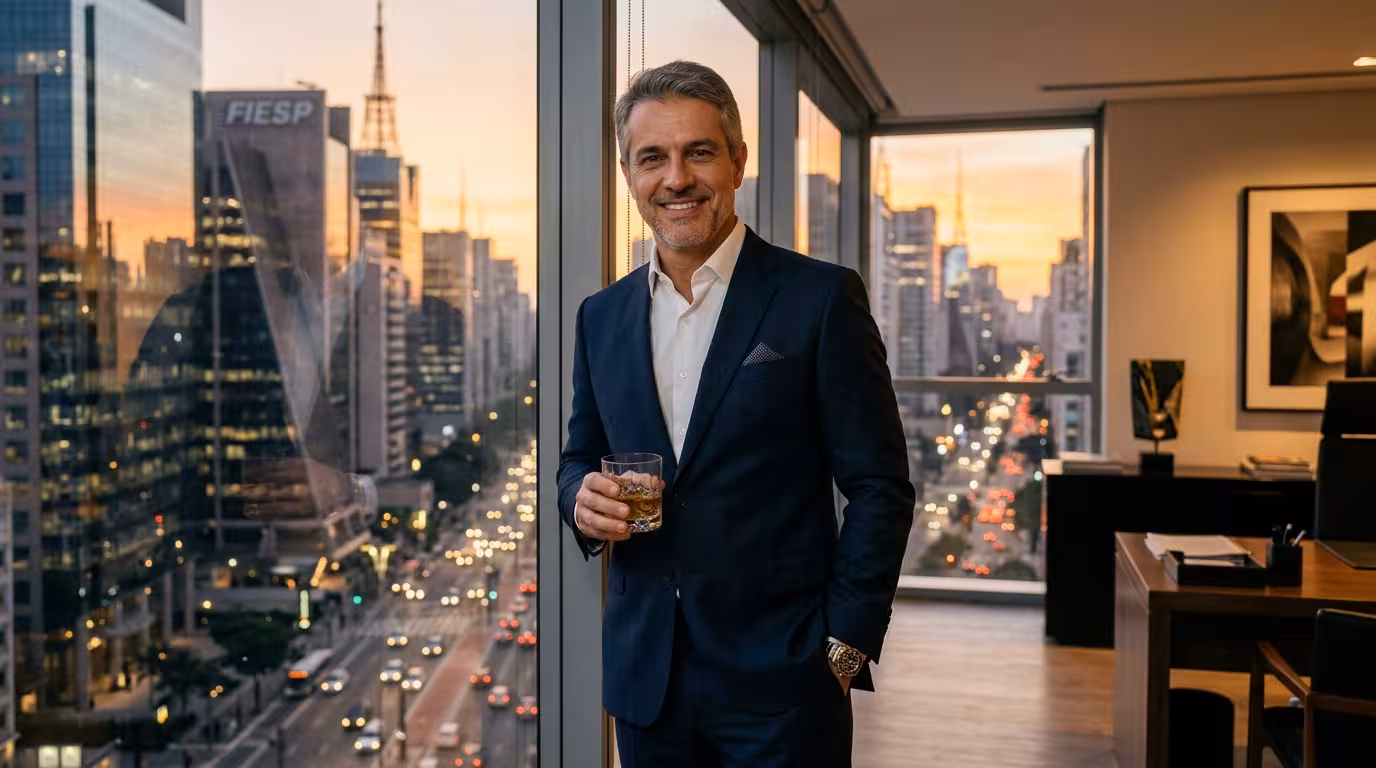 Sugar Daddy brasileño - empresario sofisticado en oficina con vista a la Avenida Paulista
