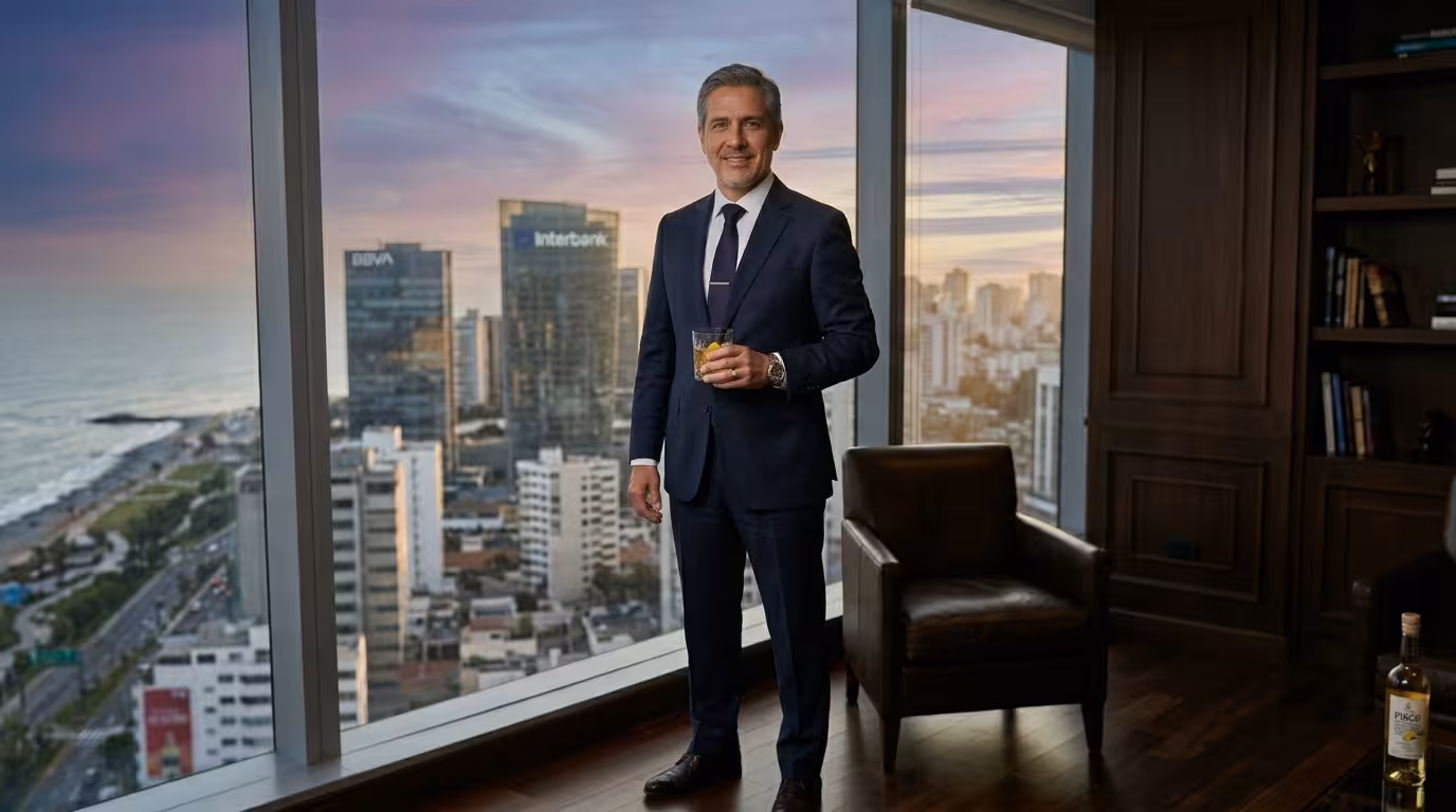 Sugar Daddy peruano - empresario sofisticado en oficina de San Isidro