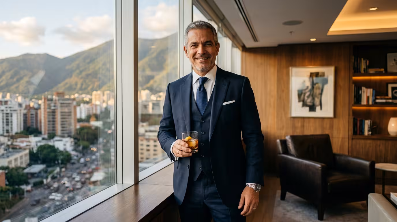 Sugar Daddy venezolano - empresario sofisticado en oficina con vista a Caracas