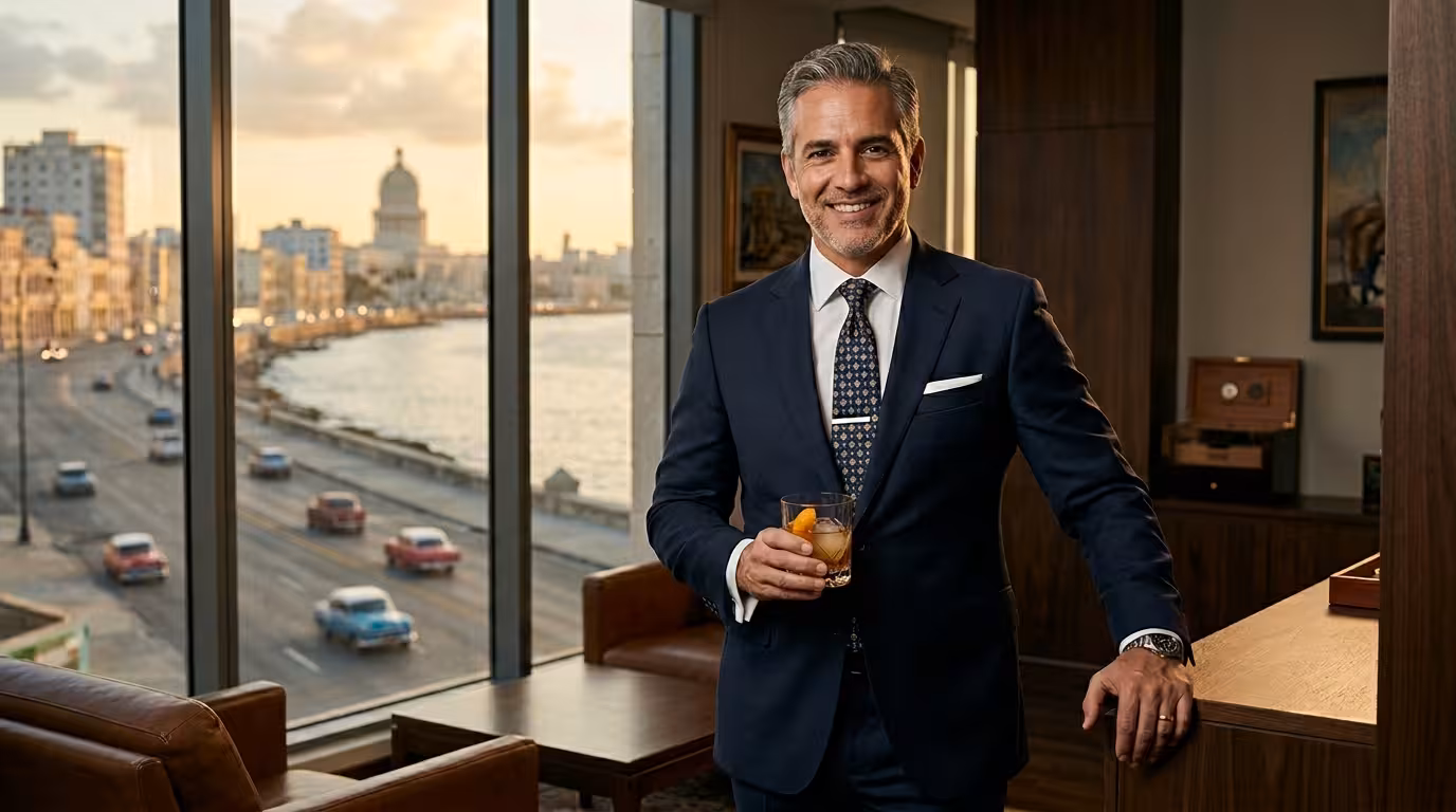 Sugar Daddy vinculado a Cuba - empresario sofisticado con vista al Malecón habanero