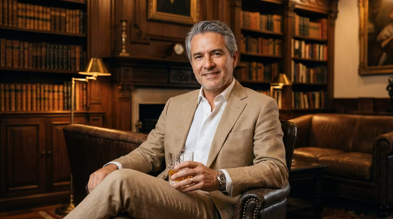Sugar Daddy guatemalteco - empresario sofisticado en biblioteca privada con tradición empresarial