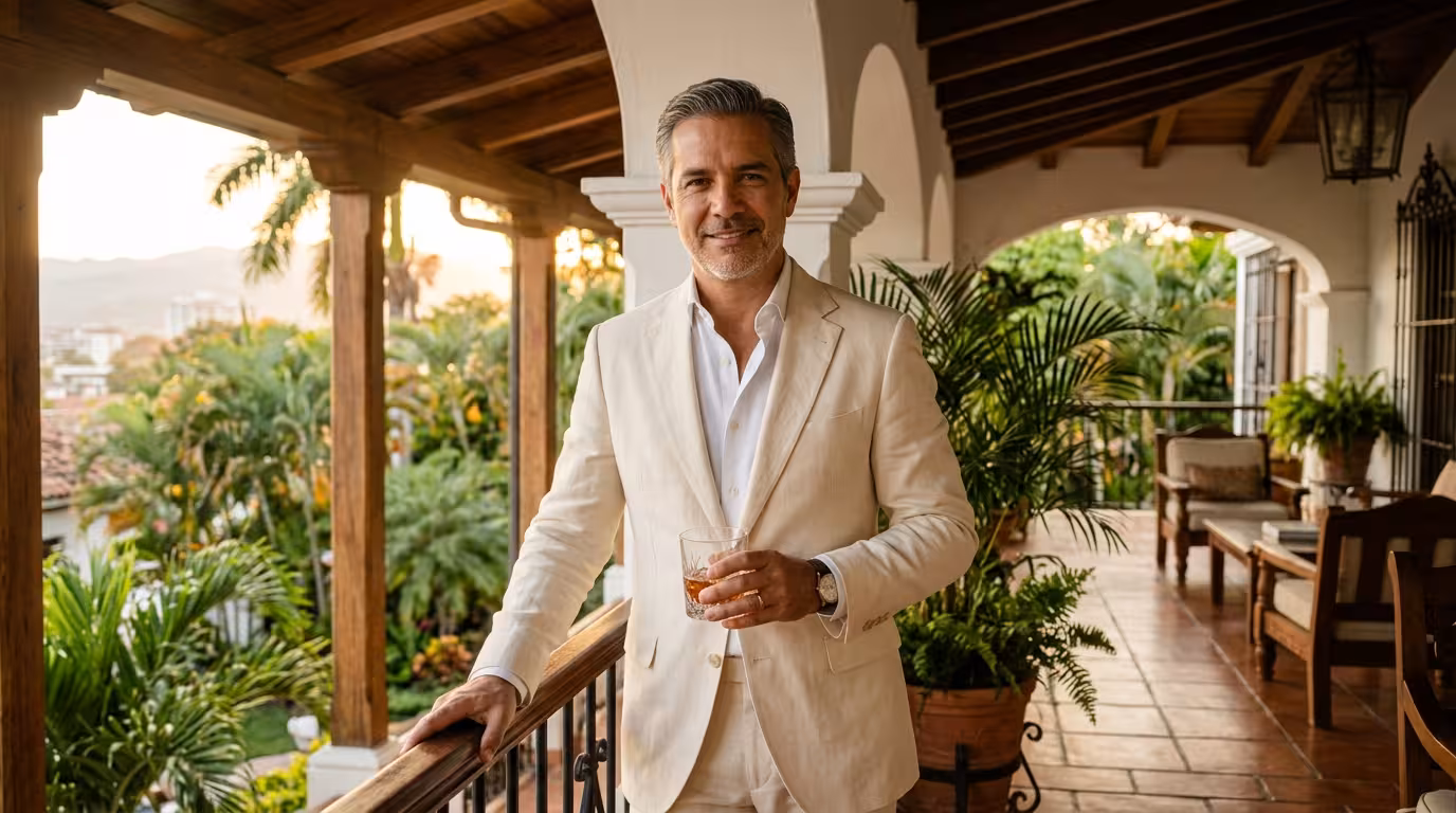 Sugar Daddy hondureño - empresario sofisticado en terraza tropical con vista caribeña