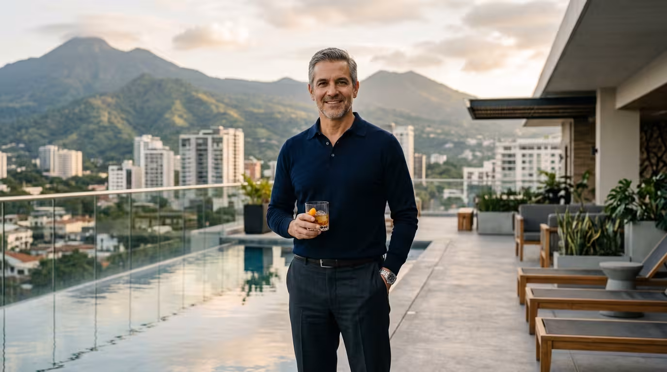 Sugar Daddy salvadoreño - empresario sofisticado en rooftop moderno con vista volcánica