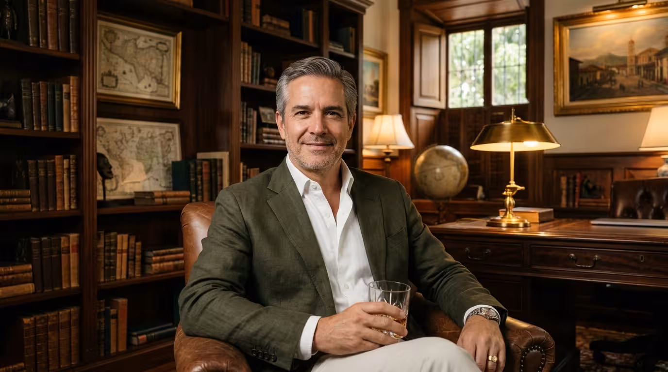 Sugar Daddy nicaragüense - empresario sofisticado en estudio privado con biblioteca heritage