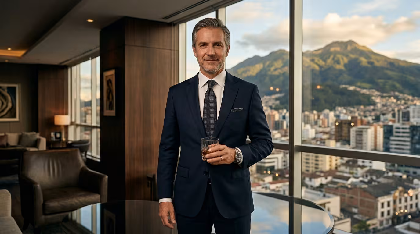 Sugar Daddy ecuatoriano - empresario sofisticado con vista a Quito y al Pichincha