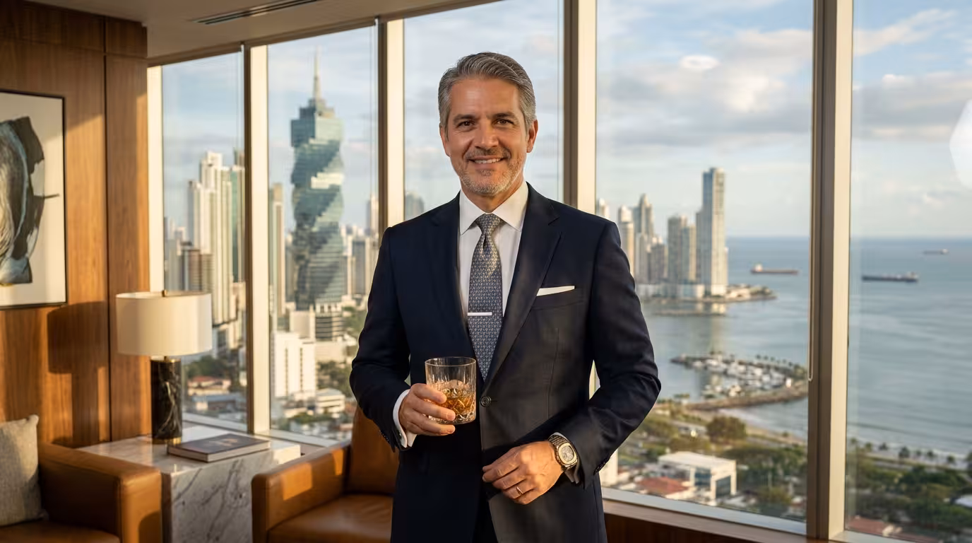 Sugar Daddy panameño - empresario sofisticado con vista al hub financiero
