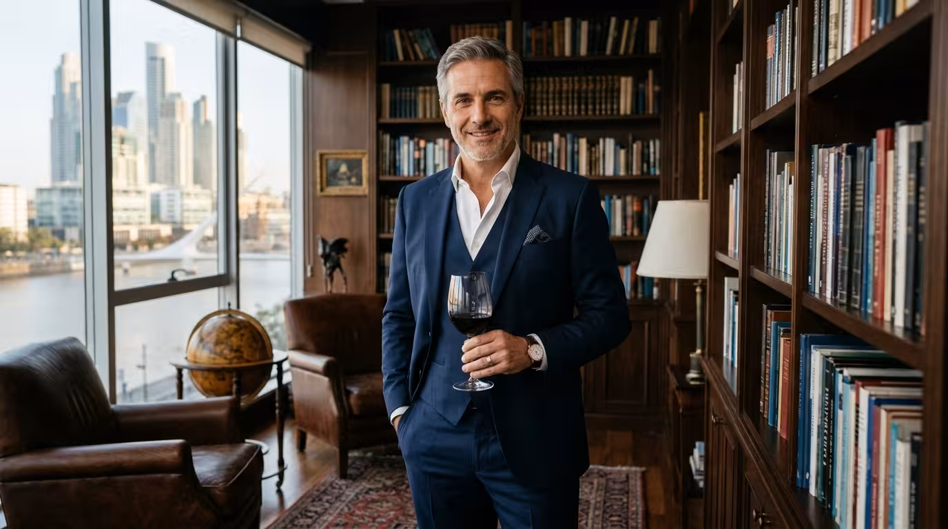 Sugar Daddy argentino - empresario sofisticado con copa de malbec