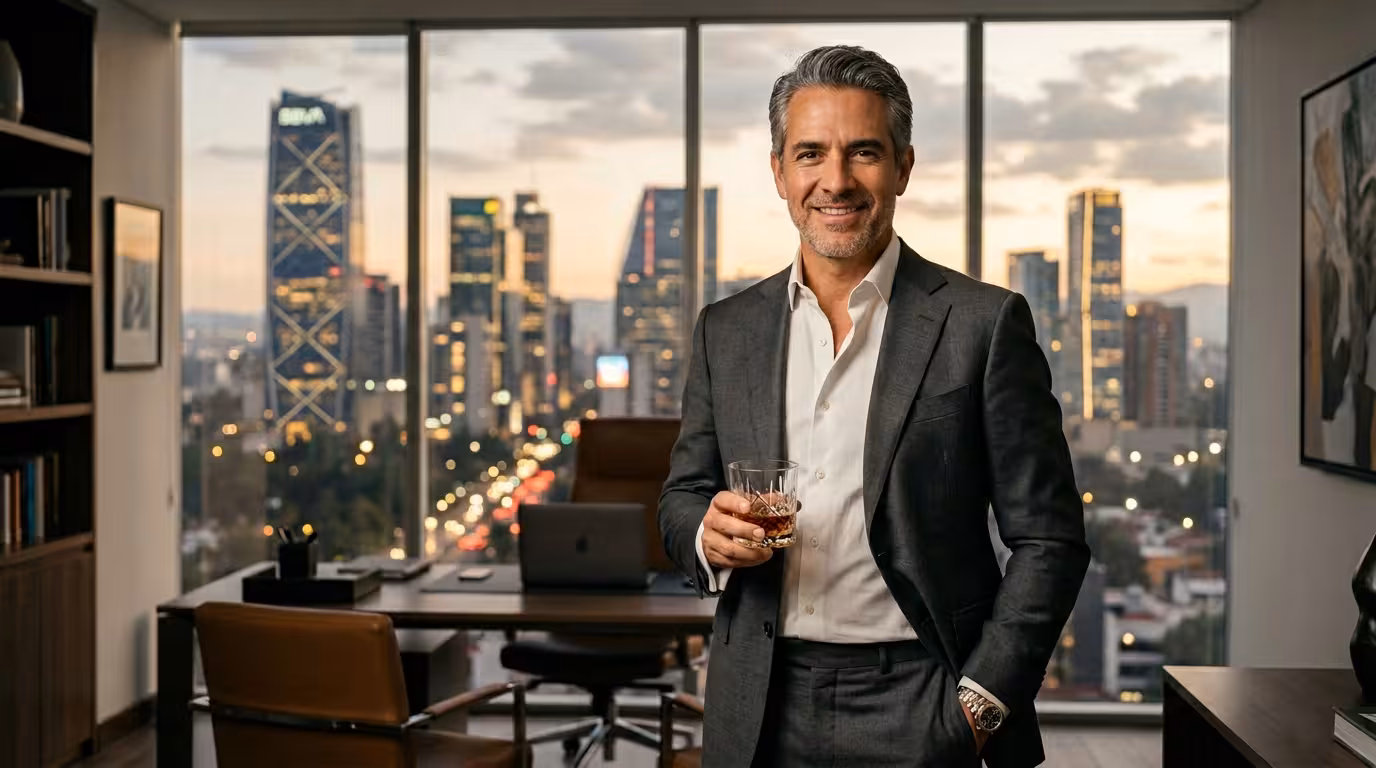 Sugar Daddy mexicano - empresario exitoso en oficina con vista a Reforma