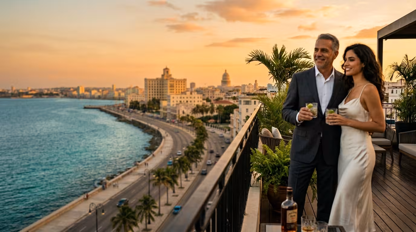 Sugar Daddy y Sugar Baby en Cuba - pareja contemplando La Habana al atardecer