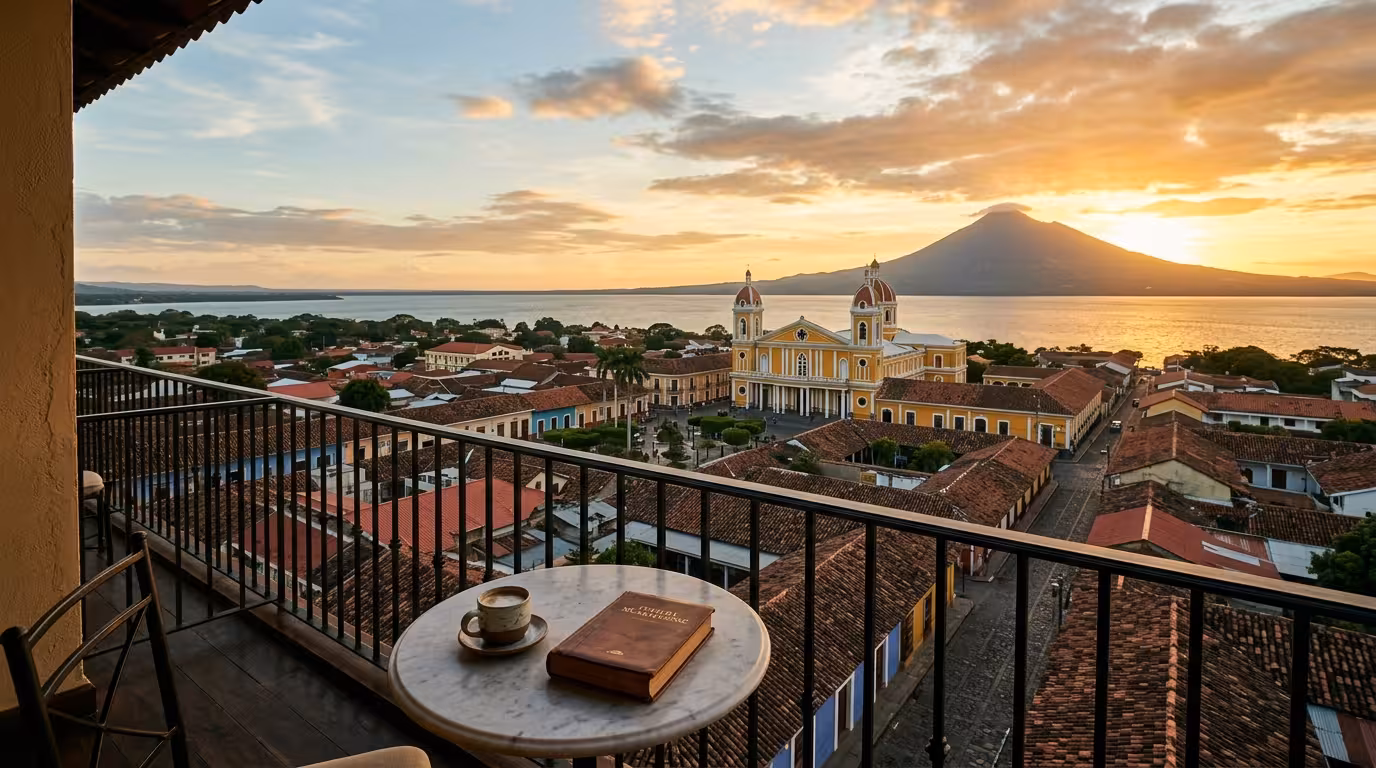 Sugar Daddy y Sugar Baby en Nicaragua - Granada colonial al atardecer con el Lago Nicaragua y el Volcán Mombacho al fondo