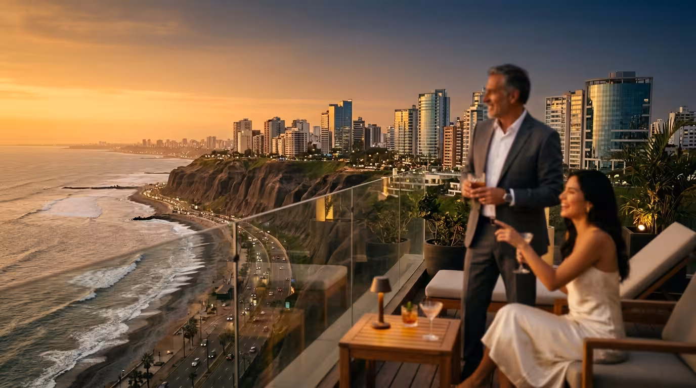 Sugar Daddy y Sugar Baby en Perú - skyline de Lima al atardecer sobre el Pacífico