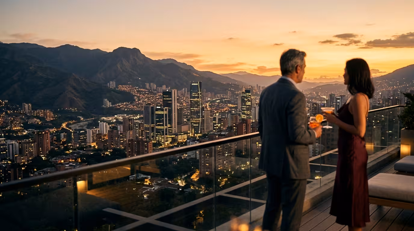Sugar Daddy y Sugar Baby en Colombia - skyline de Medellín al atardecer