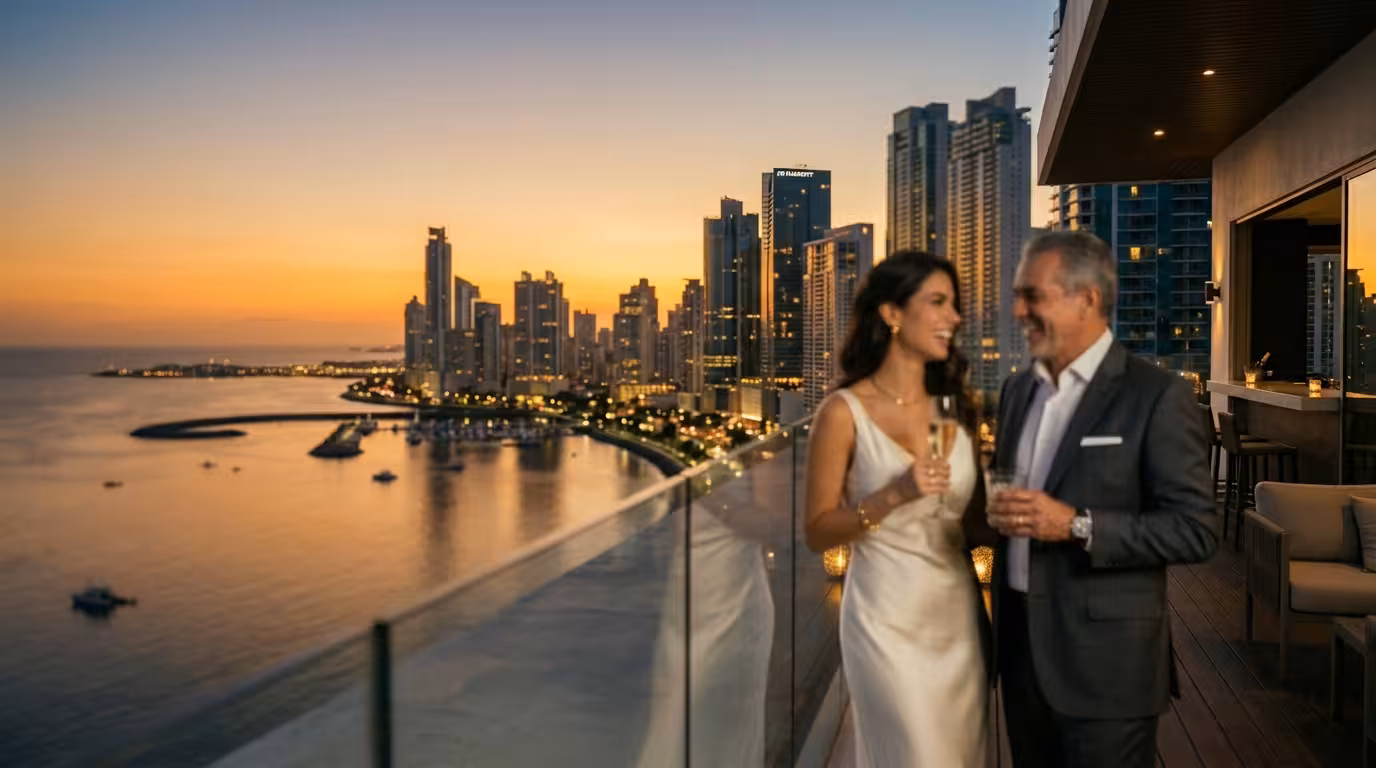 Sugar Daddy y Sugar Baby en Panamá - skyline de Ciudad de Panamá al atardecer sobre el Pacífico