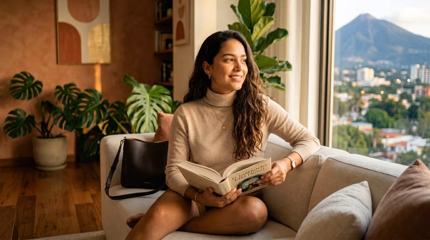 Sugar Baby salvadoreña - mujer joven natural en interior moderno de Colonia Escalón