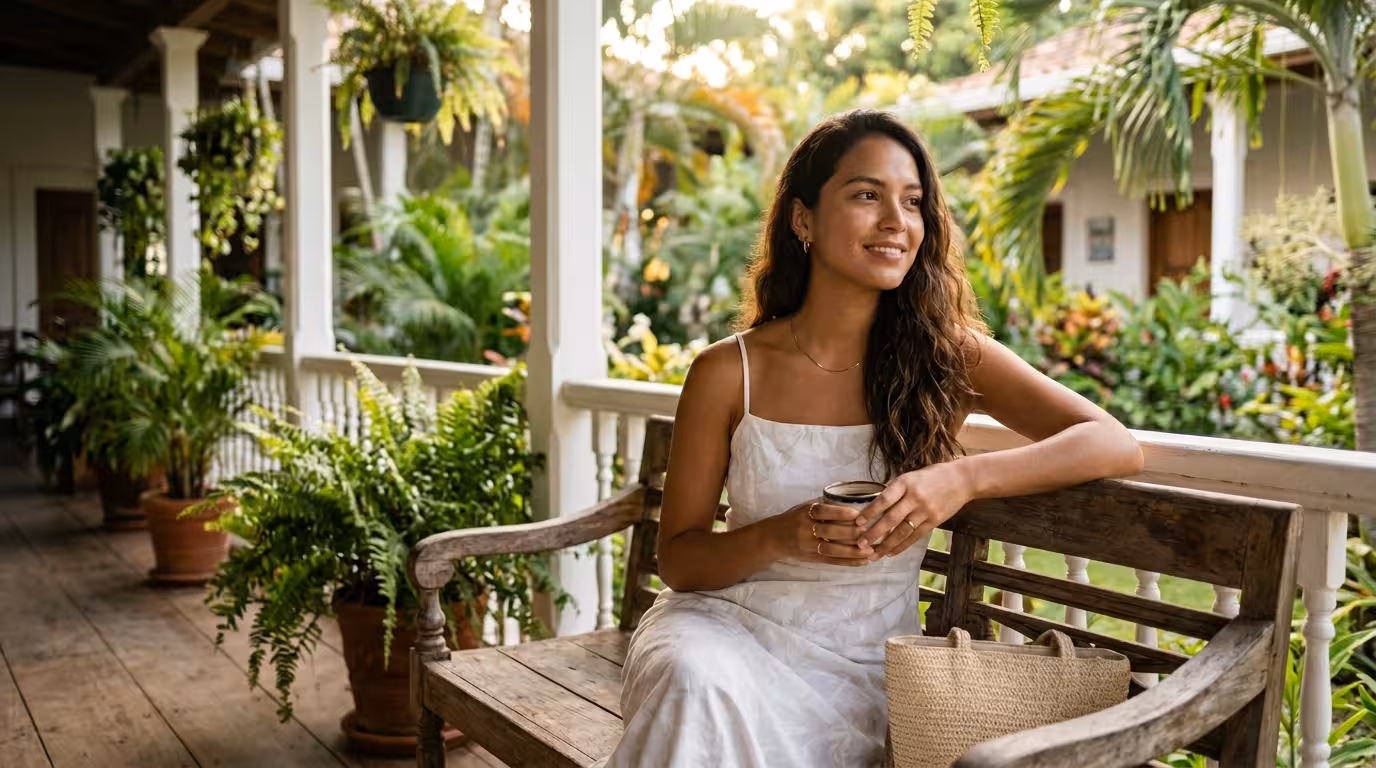 Sugar Baby hondureña - mujer joven natural en porche tropical de residencia colonial