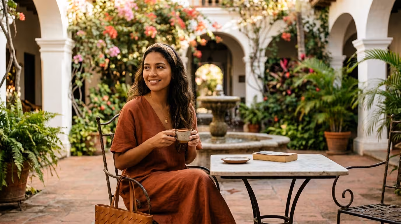 Sugar Baby nicaragüense - mujer joven natural en patio colonial de Granada