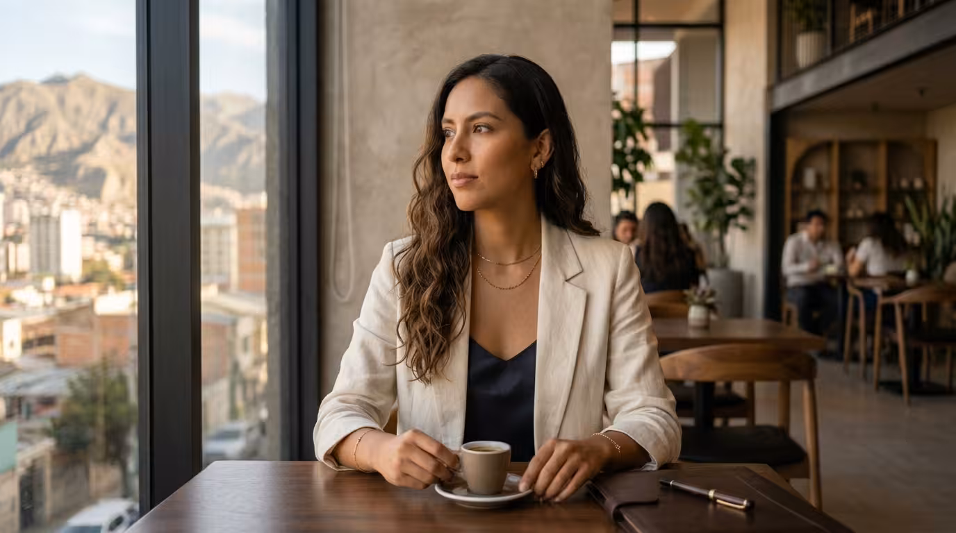 Sugar Baby boliviana - mujer joven elegante en café de Equipetrol