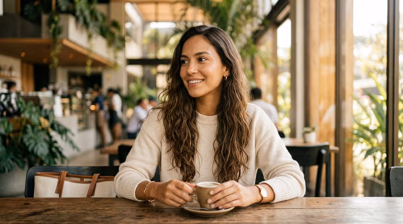 Sugar Baby costarricense - mujer joven natural en café de Escazú