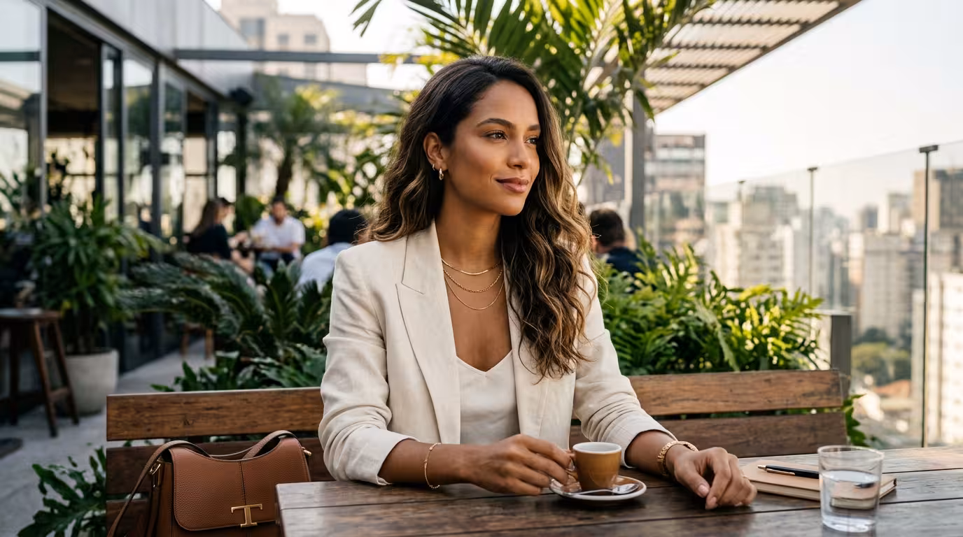 Sugar Baby brasileña - mujer joven sofisticada en café de Jardins