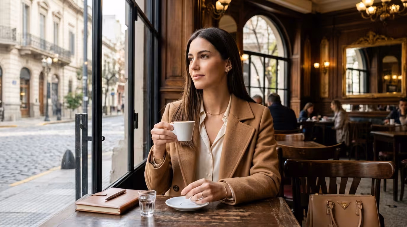 Sugar Baby argentina - mujer joven sofisticada en café de Palermo