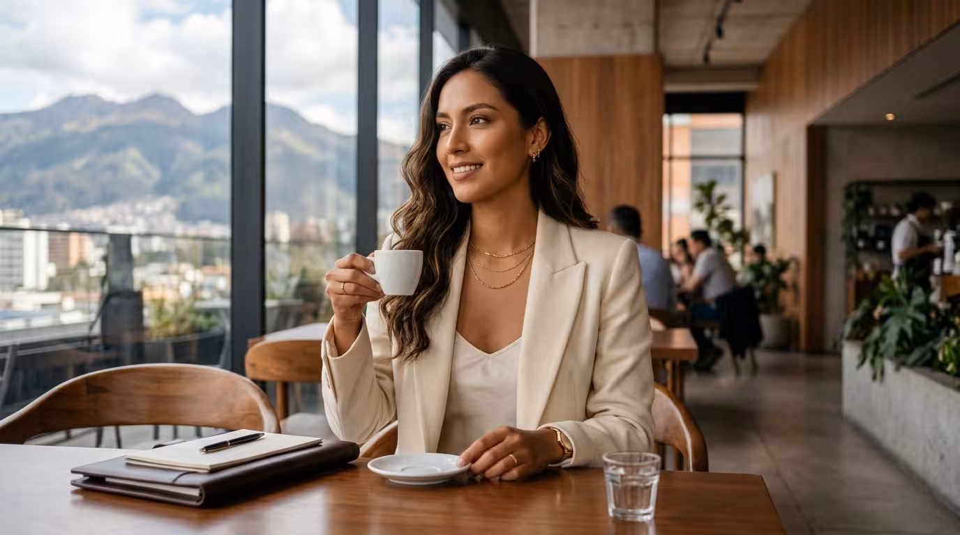 Sugar Baby ecuatoriana - mujer joven elegante en café de La Carolina