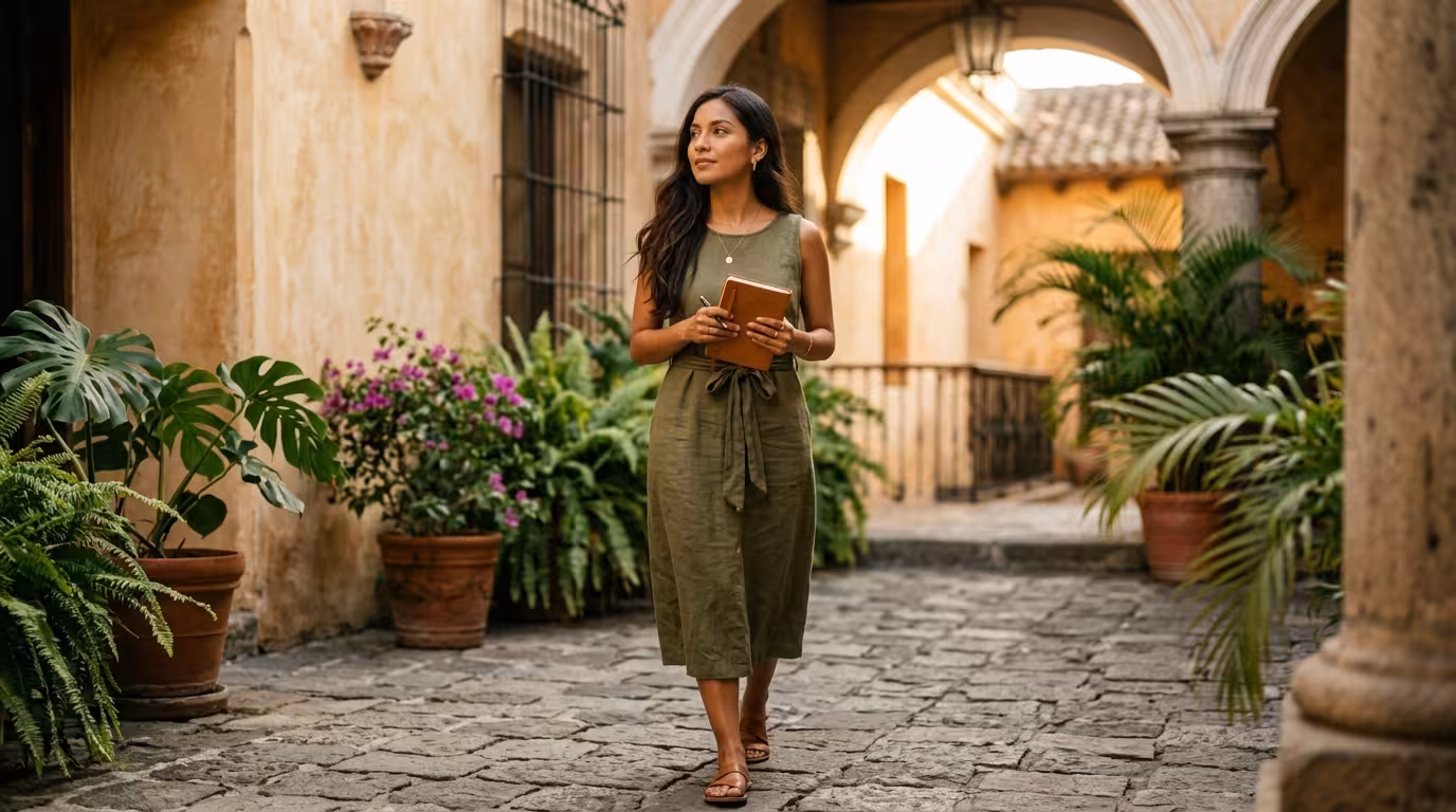 Sugar Baby guatemalteca - mujer joven en patio colonial de Antigua